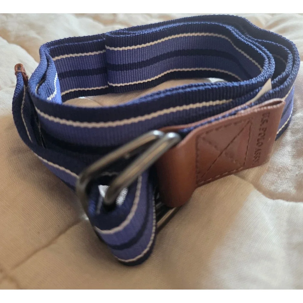 U.S. Polo Assn. Web Belt Mens 36 Blue Striped  D-Ring Buckle Preppy Casual